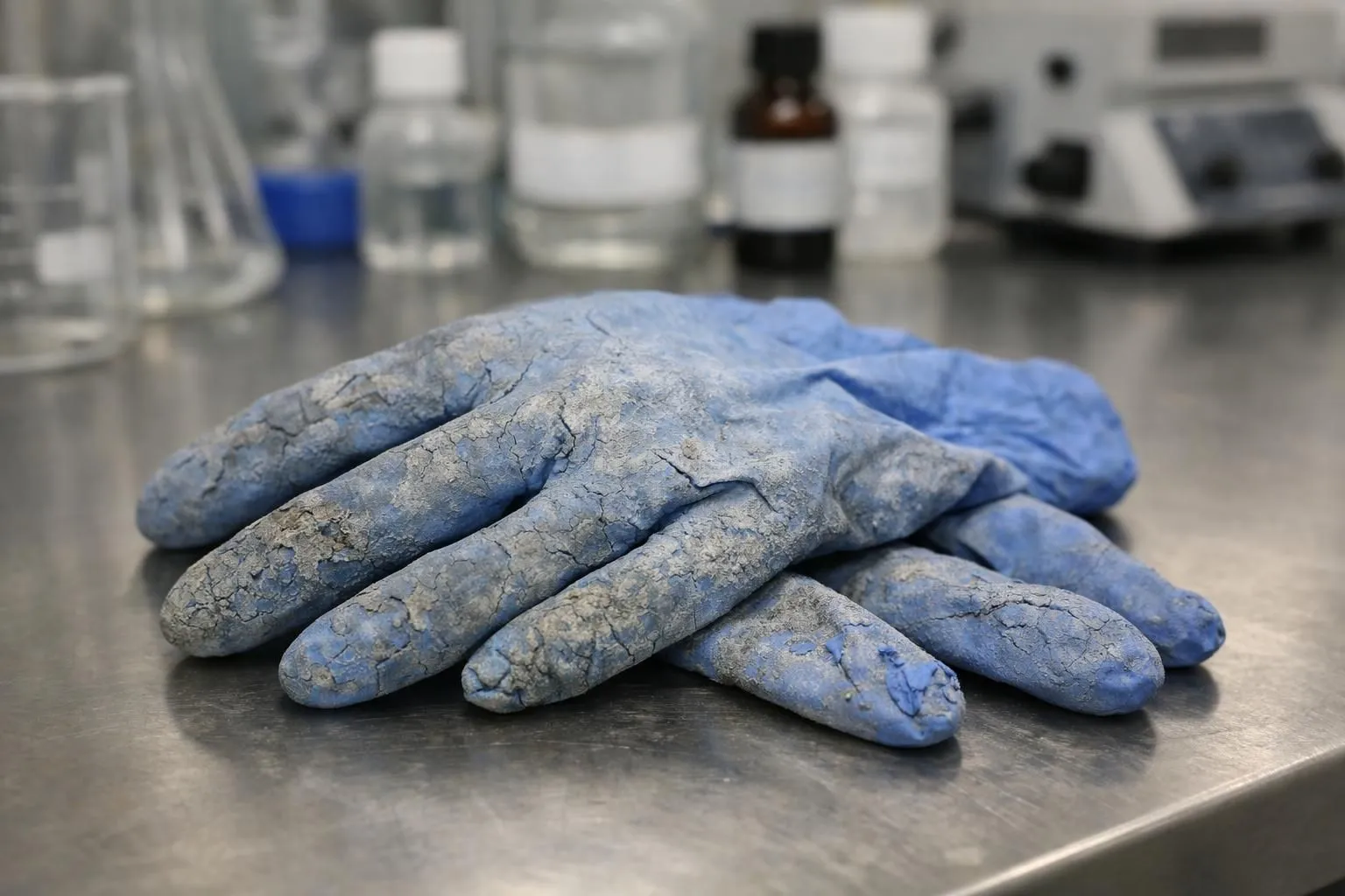 Close-up photograph of worn protective nitrile gloves showing visible chemical degradation, micro-cracks, and discoloration on a stainless steel laboratory workbench. The gloves display signs of permeation with slight swelling and loss of elasticity. In soft focus background: laboratory glassware, chemical bottles, and quality control equipment. Natural diffused lighting highlights the material deterioration. Professional documentary style, crisp focus on damage zones, industrial color palette of blue-grey gloves against metallic surfaces. No text, logos, or labels visible.