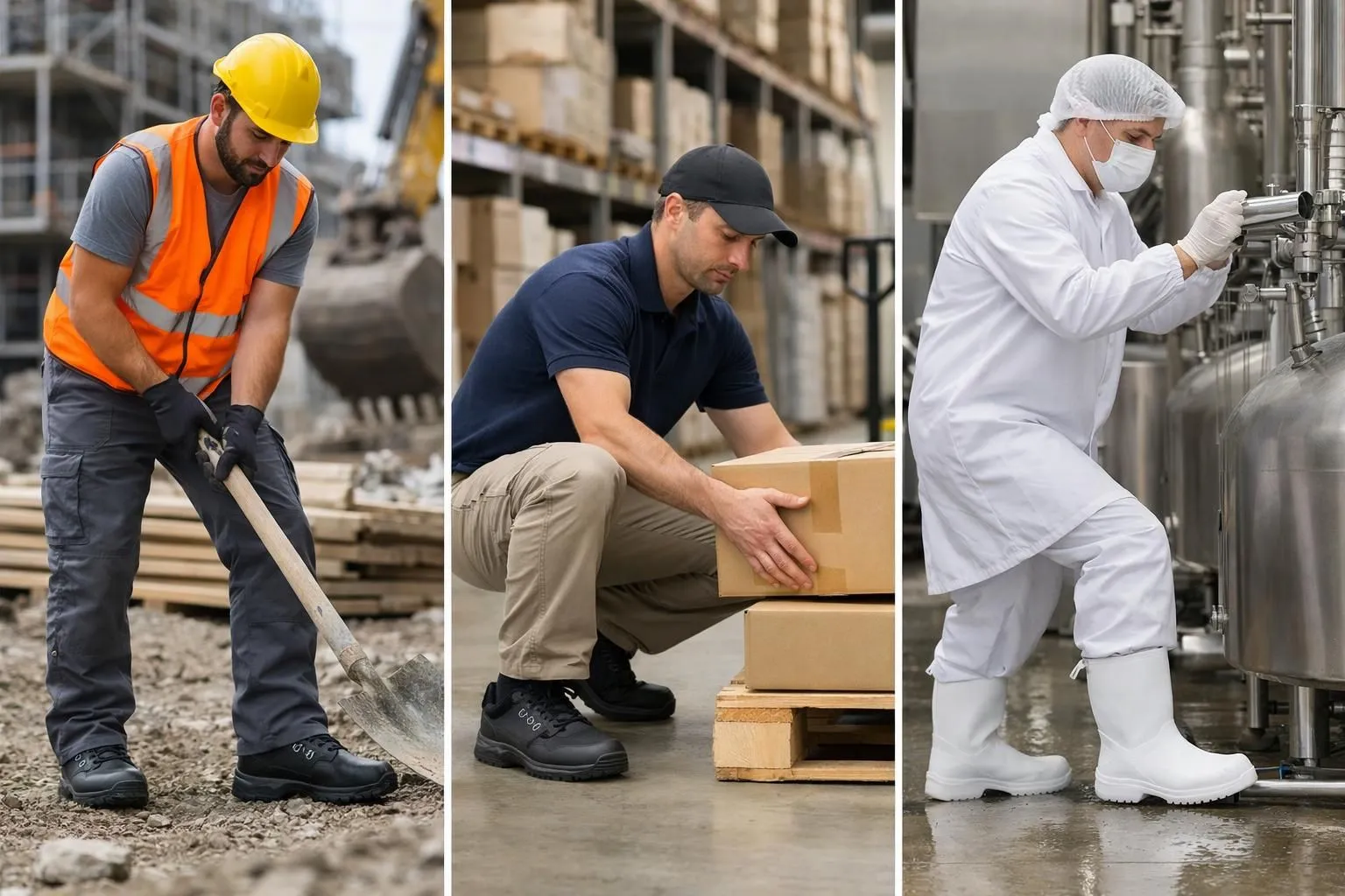 Photo professionnelle montrant trois travailleurs de secteurs différents côte à côte: un ouvrier BTP en chaussures montantes S3 sur un chantier boueux, un opérateur logistique en S1P légères dans un entrepôt sec et propre, et un technicien agroalimentaire en S3 résistantes à l'eau dans une zone de production humide. Composition claire montrant les différences d'environnements de travail et d'équipements adaptés. Lumière naturelle douce, rendu net, couleurs sobres professionnelles.