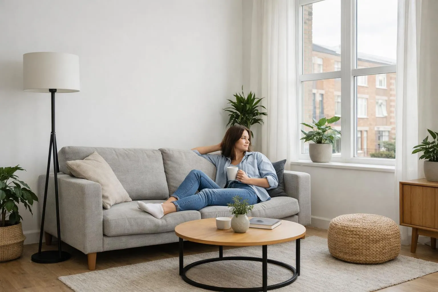 A woman relaxing on a couch with a cup of coffee.