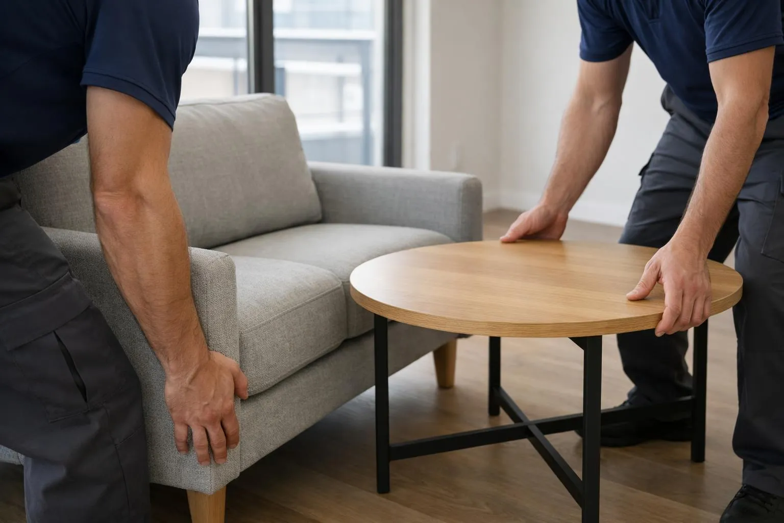 A person arranging a round wooden table in a room.