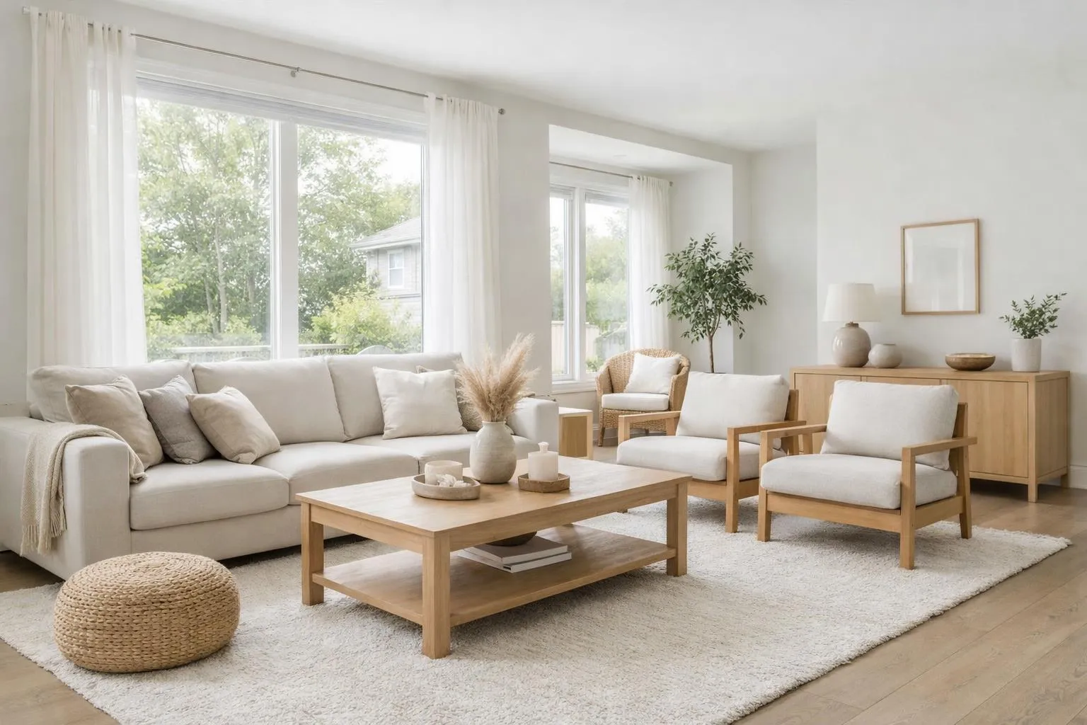 Bright, airy living room with neutral furniture and natural accents.