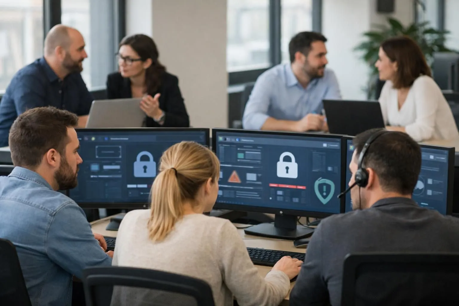 IT security team analyzing ransomware protection software dashboard on multiple monitors in modern French office, with colleagues discussing test results and comparing cybersecurity solutions on laptops