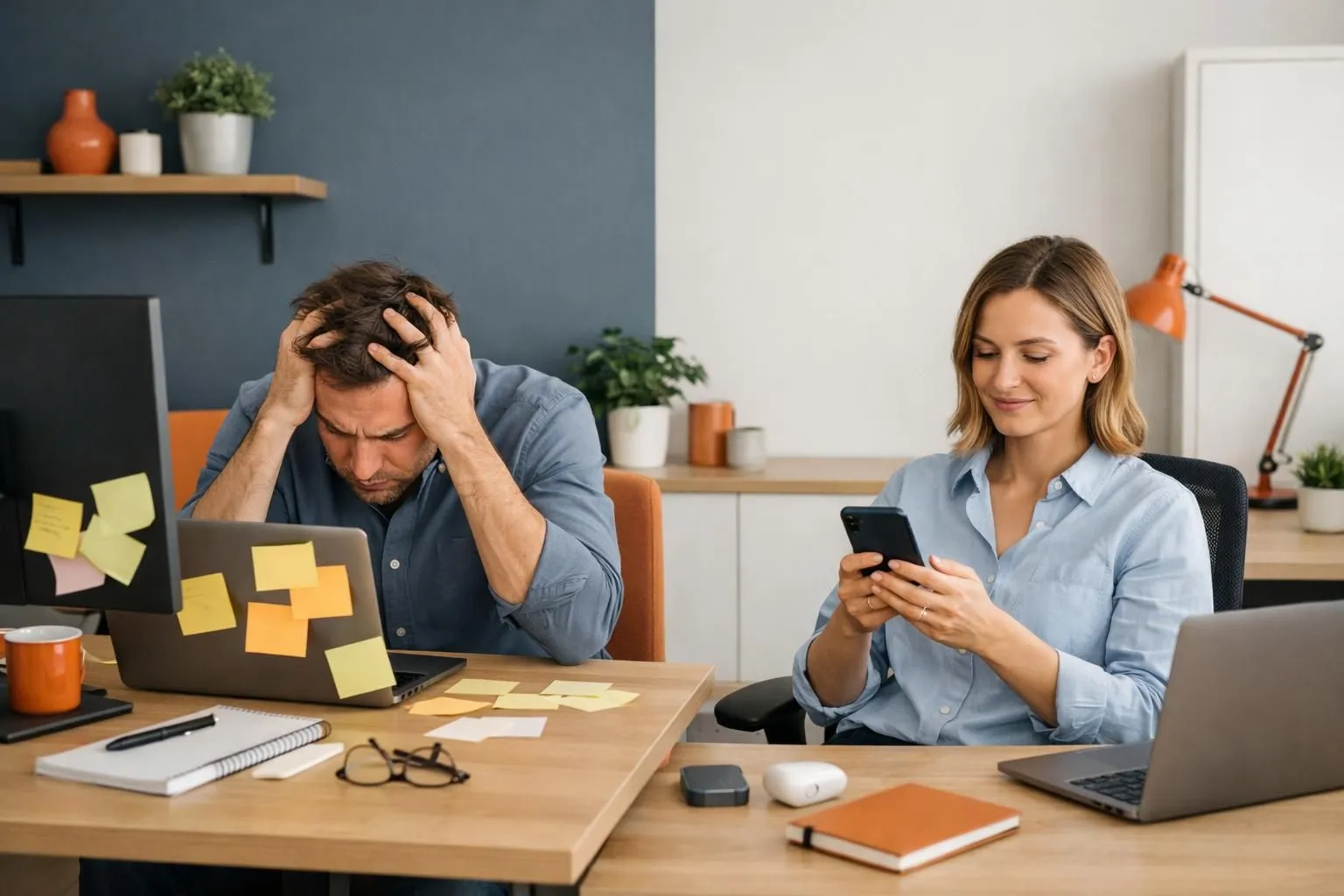 Split-screen view showing a frustrated person at a laptop with multiple sticky notes of passwords on their desk (left side), contrasted with a calm person using a smartphone with a secure digital vault interface glowing on screen (right side), modern home office setting with subtle shield icons representing cybersecurity protection