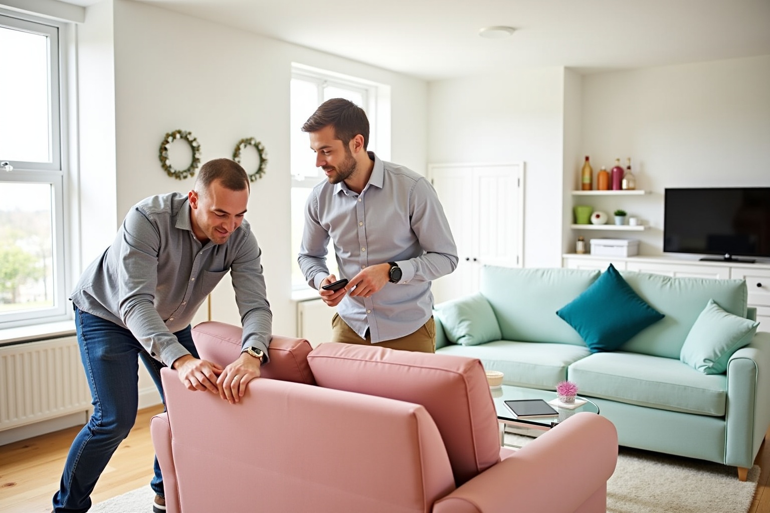 Two men arranging a pink sofa in a living room.