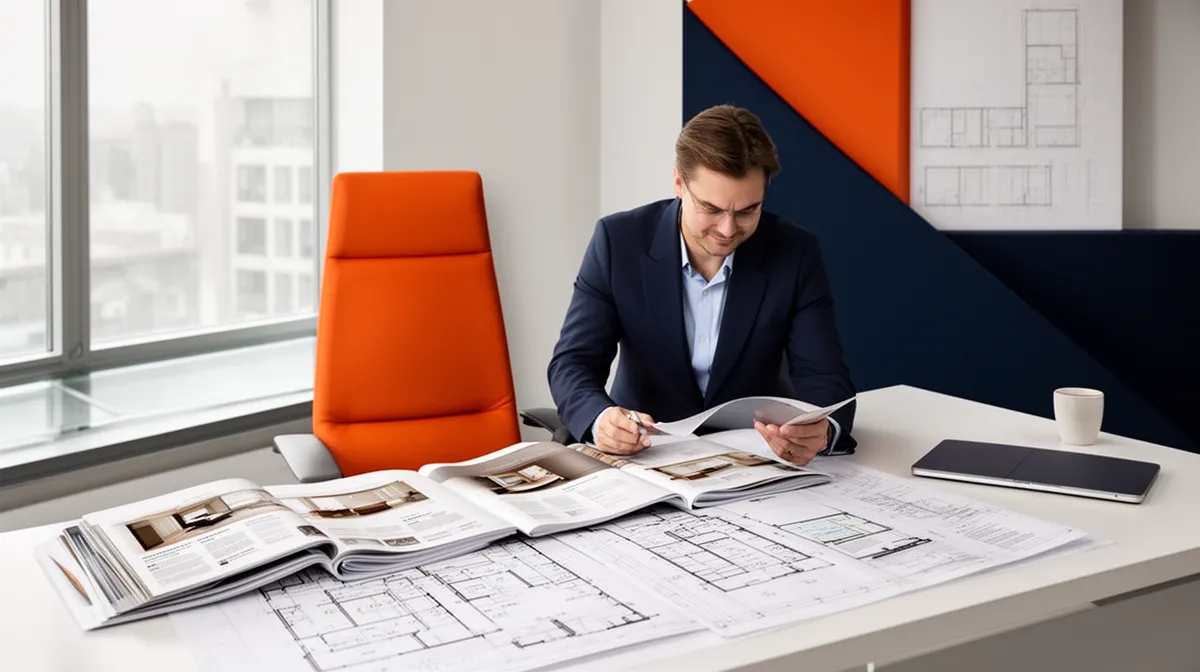 Businessman reviewing architectural plans and documents in modern office.
