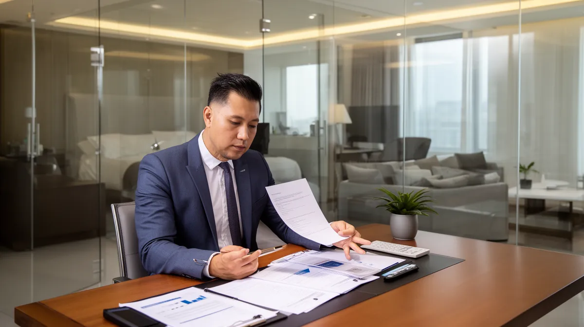 A man in a suit reviewing documents at a desk.