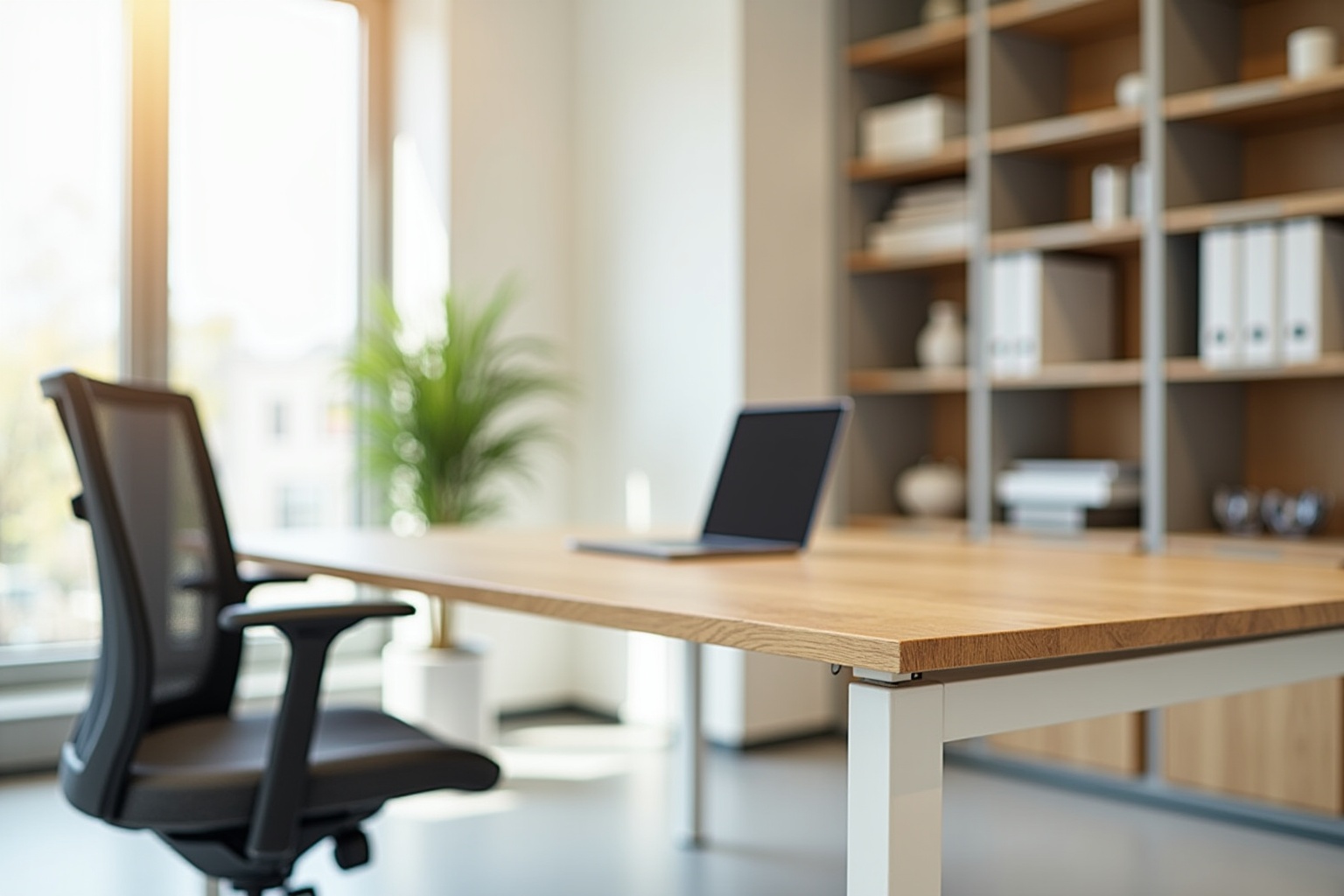 Minimalist home office with wooden desk, laptop, and plant.