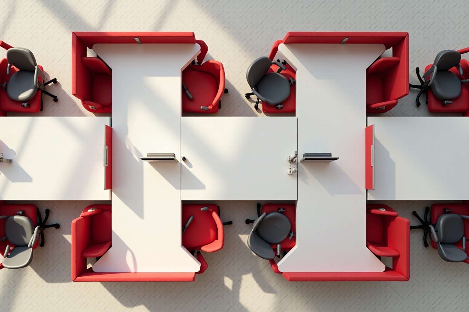 Red and white modular office furniture with swivel chairs.