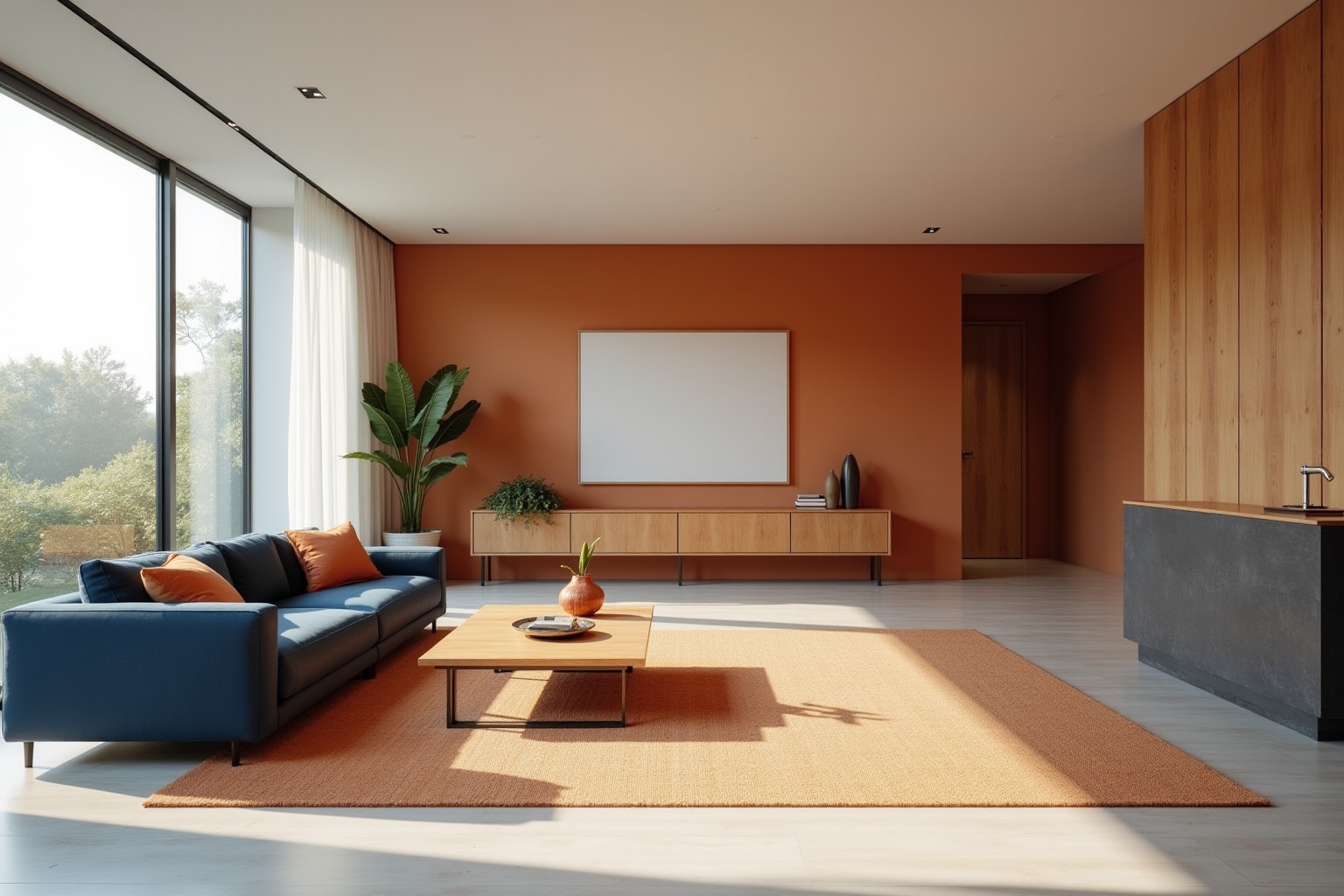 Spacious modern living room with orange walls, wooden furniture.