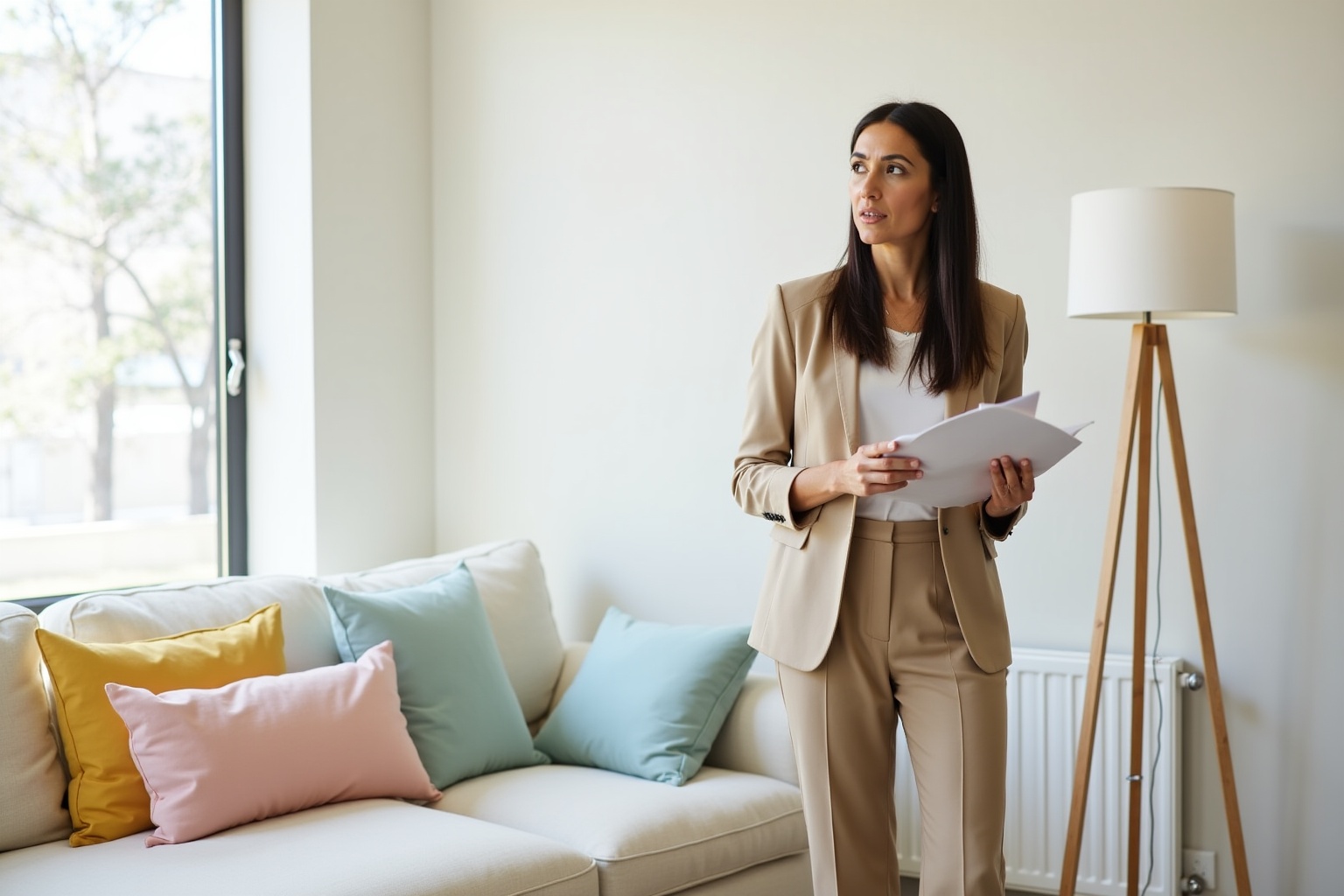 A woman in a beige suit standing in a living room.