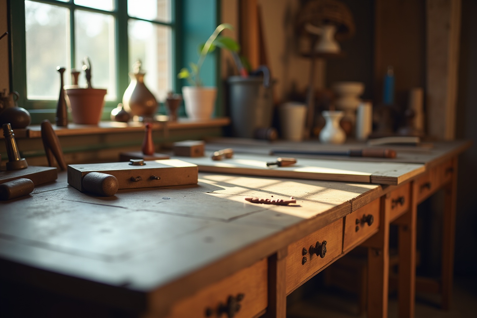 Cluttered workbench with various tools and materials.