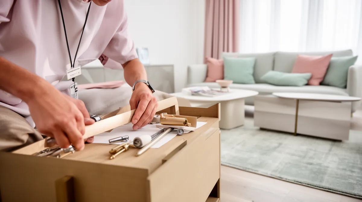 Person assembling furniture in a modern, pastel-colored living room.