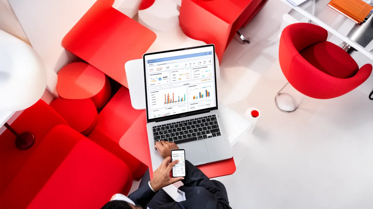 Laptop displaying analytics, smartphone, and red geometric shapes.