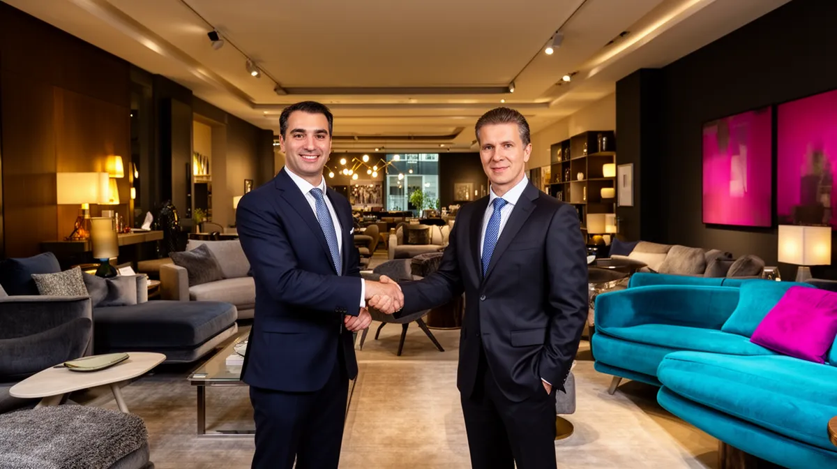 Two men in suits shaking hands in a modern, upscale lounge.