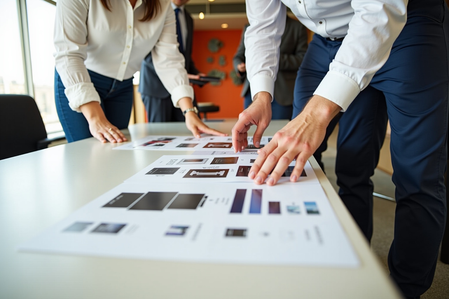 Hands of business professionals examining design samples on a table.