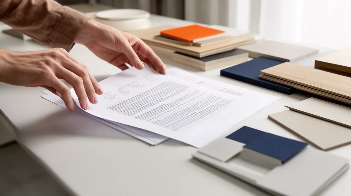 Hands reviewing documents on a desk with office supplies.