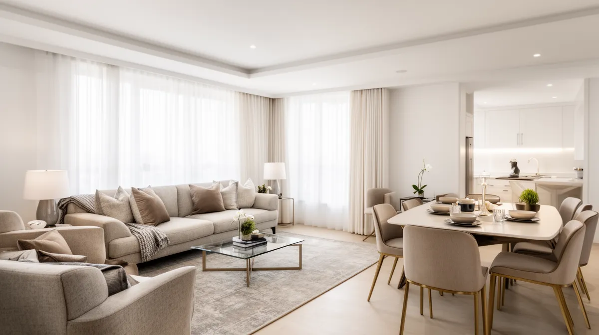 Spacious, modern living room with neutral-toned furnishings and dining area.