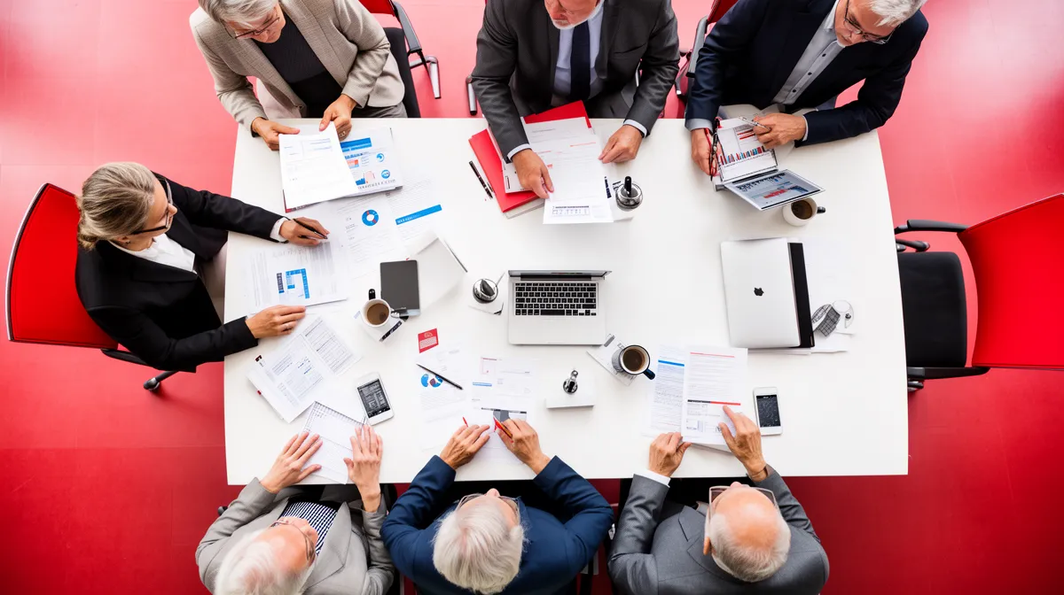 A group of business professionals collaborating at a conference table.