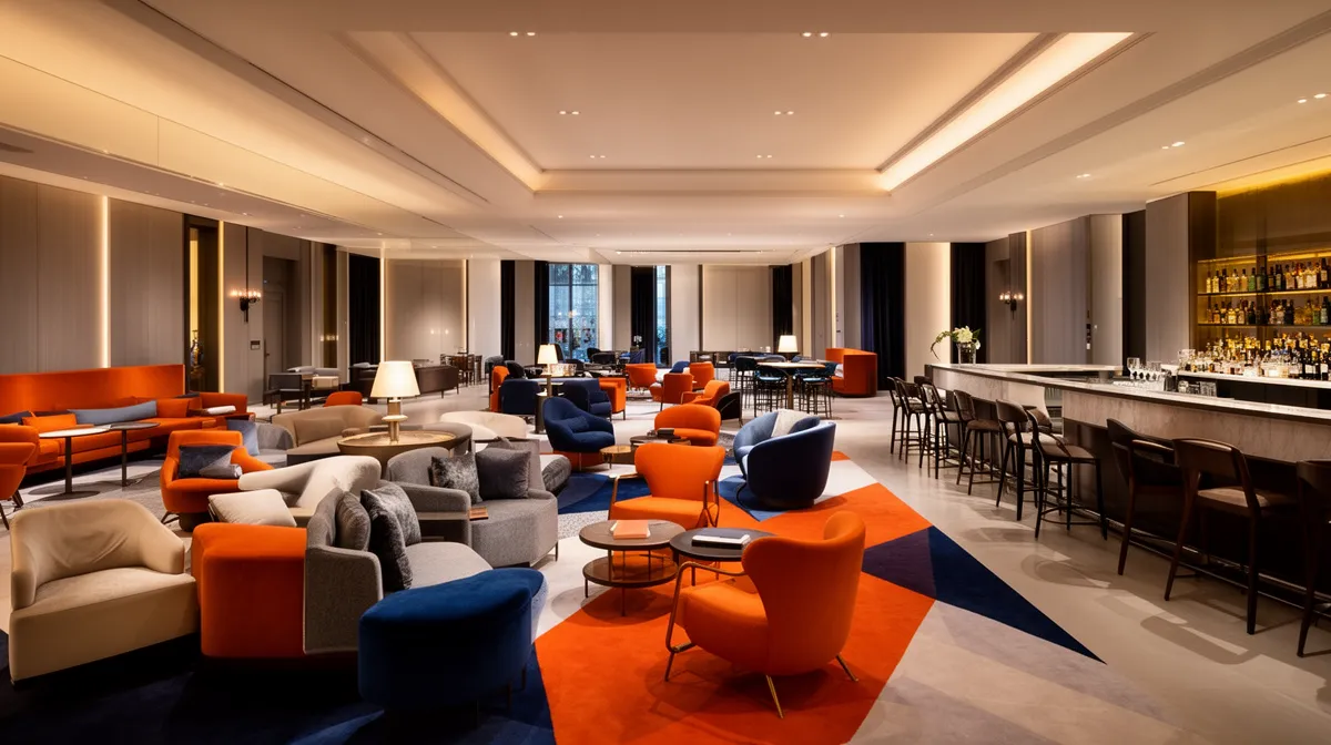 Luxurious hotel lobby with vibrant orange and blue furniture.