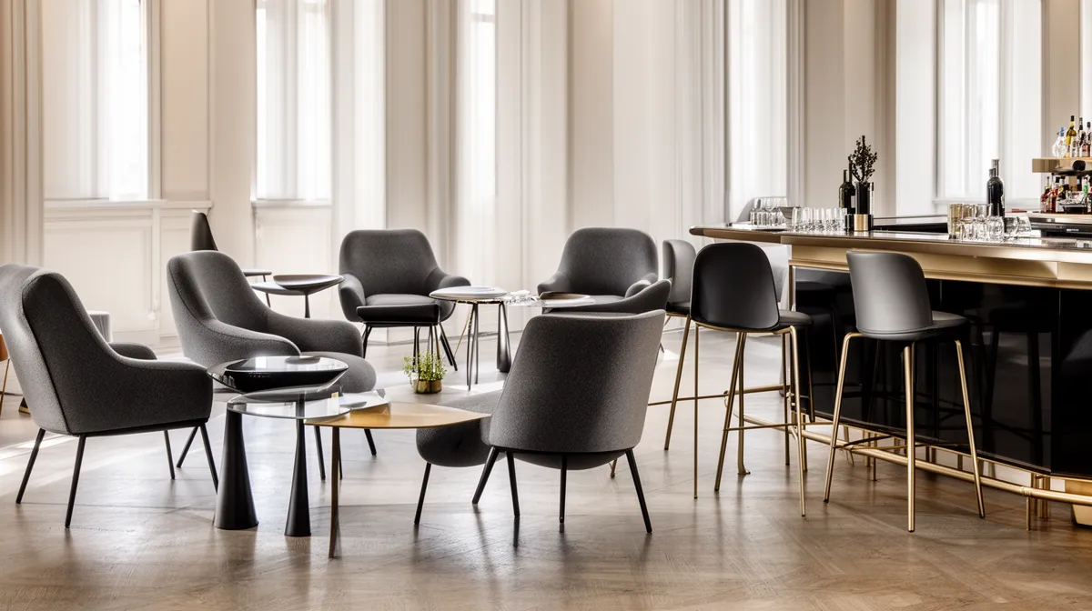 Elegant modern lounge with plush gray chairs and wooden bar.