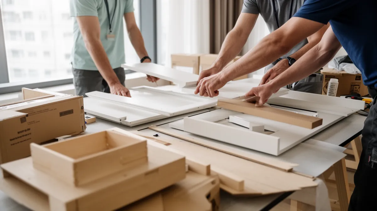 Assembling furniture from cardboard boxes and wooden components.