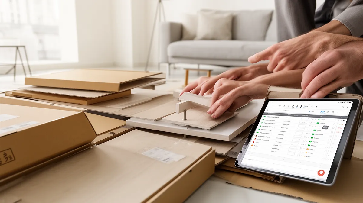 Cardboard boxes, tablet displaying spreadsheet, hands typing on keyboard.