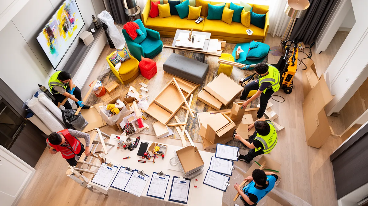 Colorful living room undergoing renovation, workers assembling furniture.