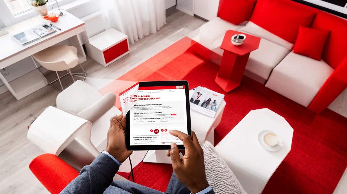 Hands holding tablet displaying online form on red furniture.