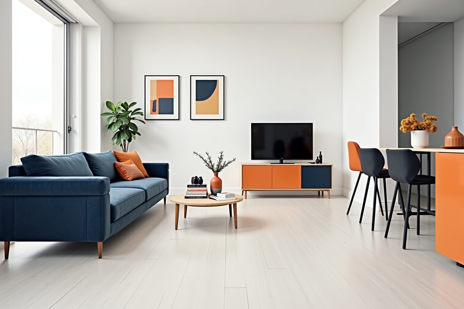 Modern, minimalist living room with navy blue sofa, orange accents.
