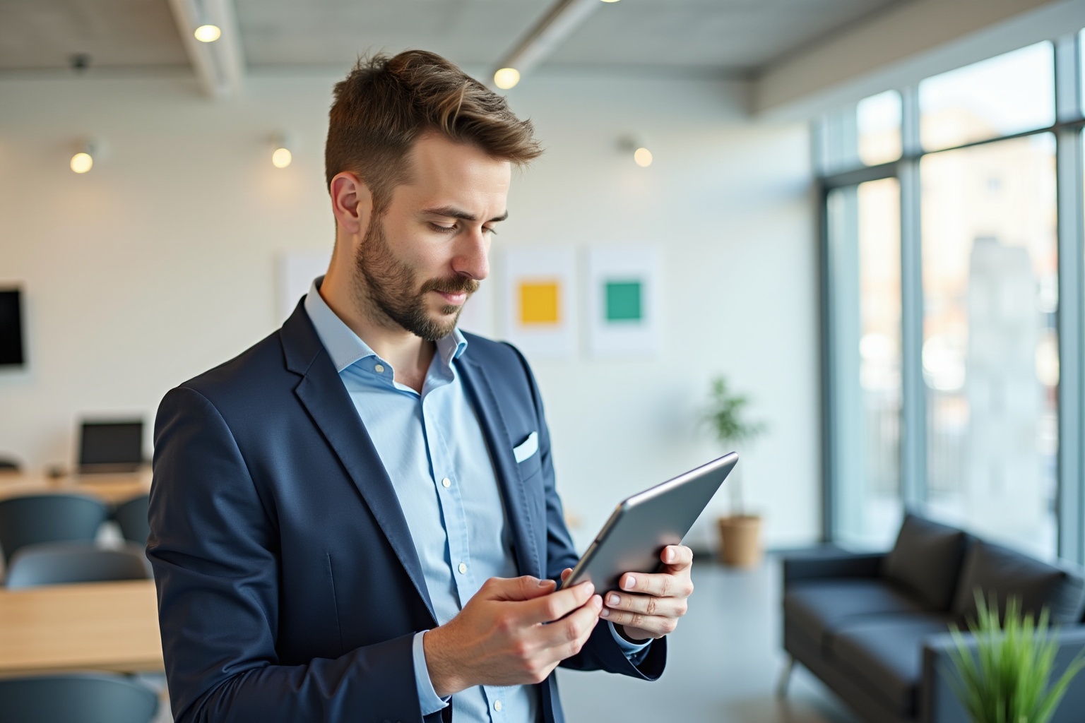 Businessman in suit using digital tablet in modern office.