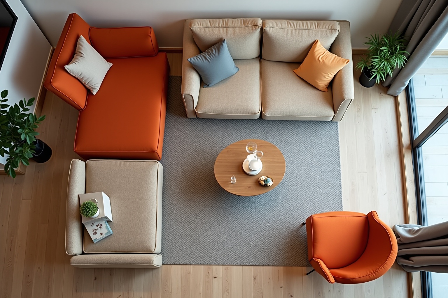 Cozy living room with orange and beige furniture, plants, and coffee table.