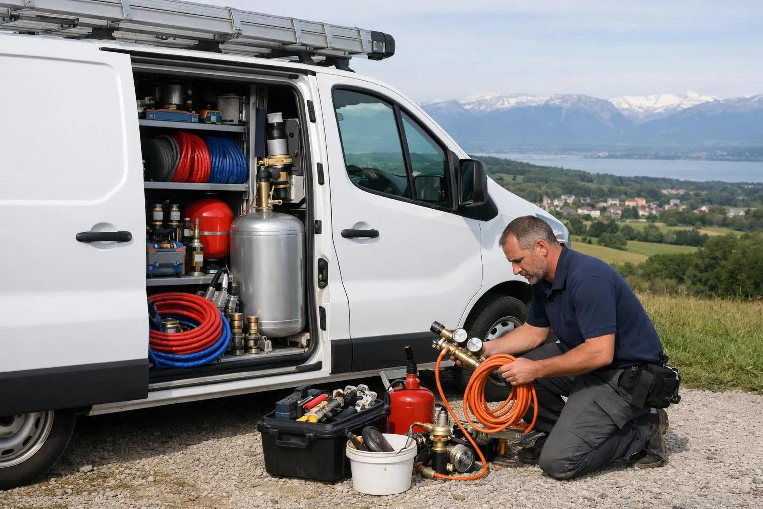 Technicien de service réparant un véhicule utilitaire avec des outils et équipements.