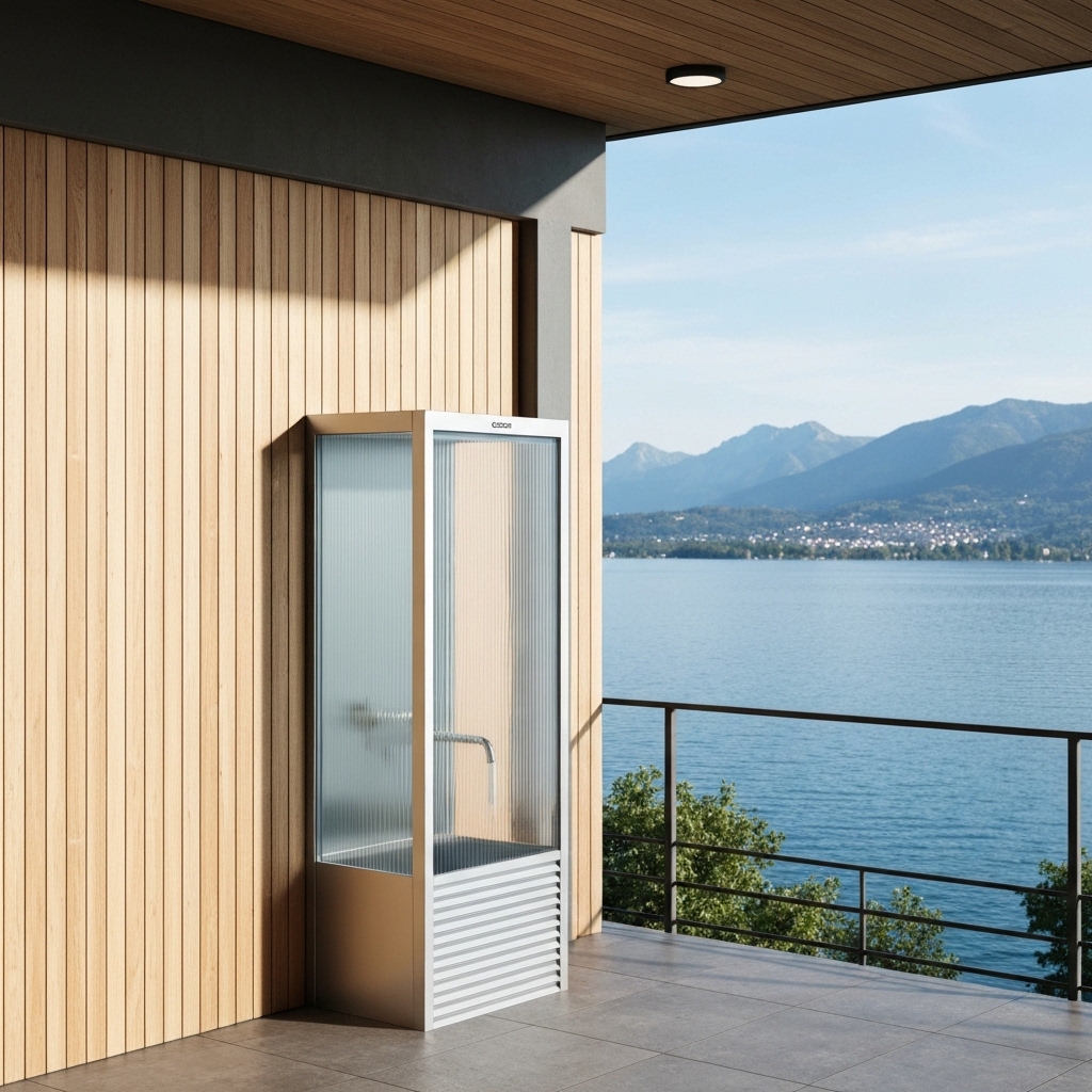 Modern air-source heat pump unit mounted on exterior wall of contemporary building in Geneva, with Lake Geneva and Alps visible in background, professional installation with clean piping