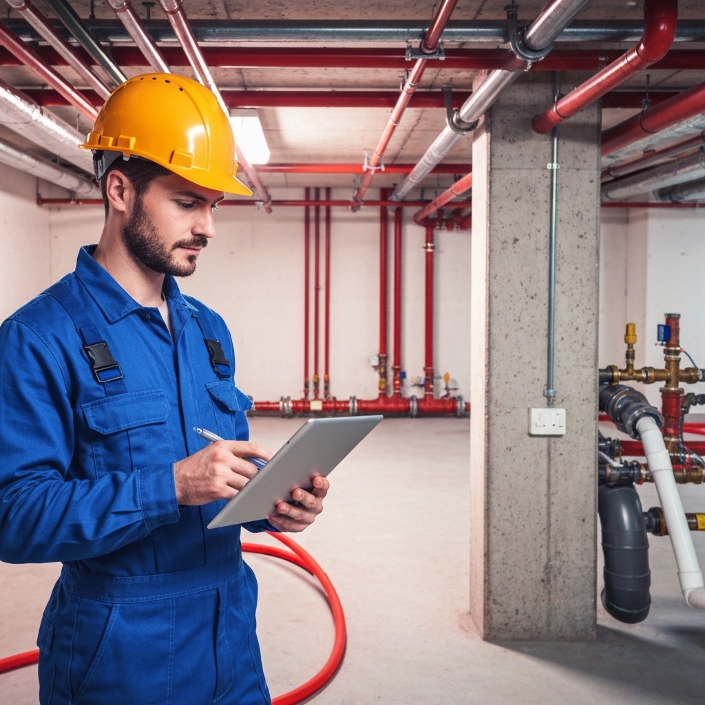 Plumber examining pipe documentation on tablet in modern apartment building basement, professional inspection scene with pipes and technical equipment visible
