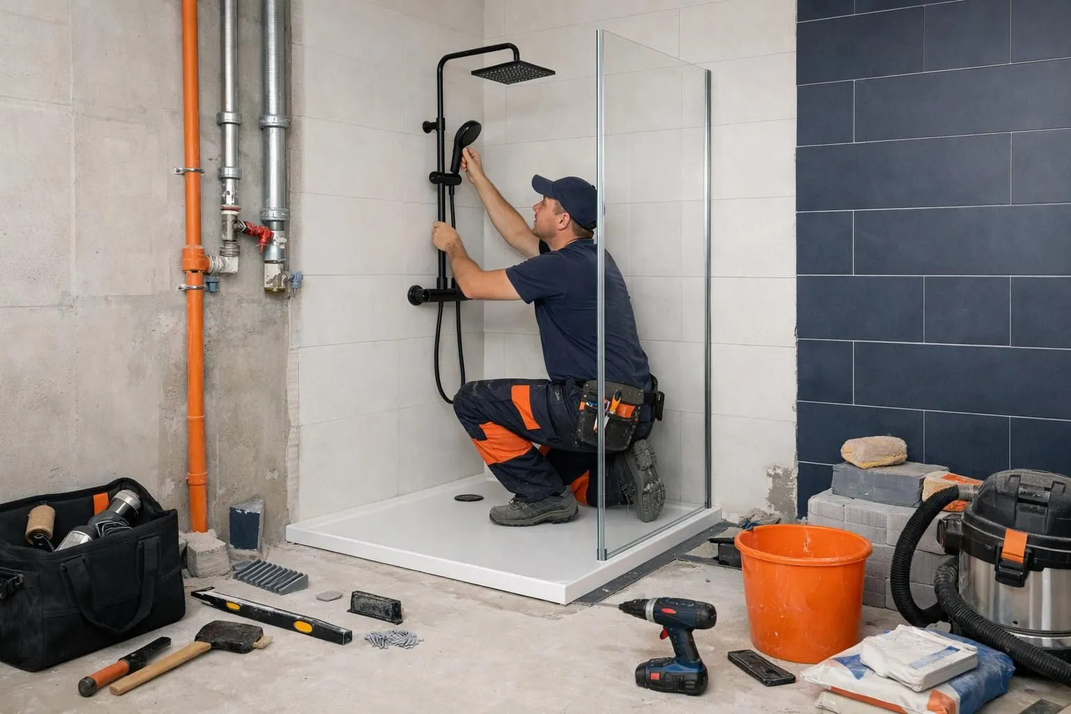 Un plombier professionnel installant une douche à l'italienne moderne dans une salle de bain rénovée à Genève, avec des tuyaux de plomberie visibles, des murs carrelés en cours de pose et des outils de construction autour, dans un style documentaire réaliste montrant des travaux de rénov