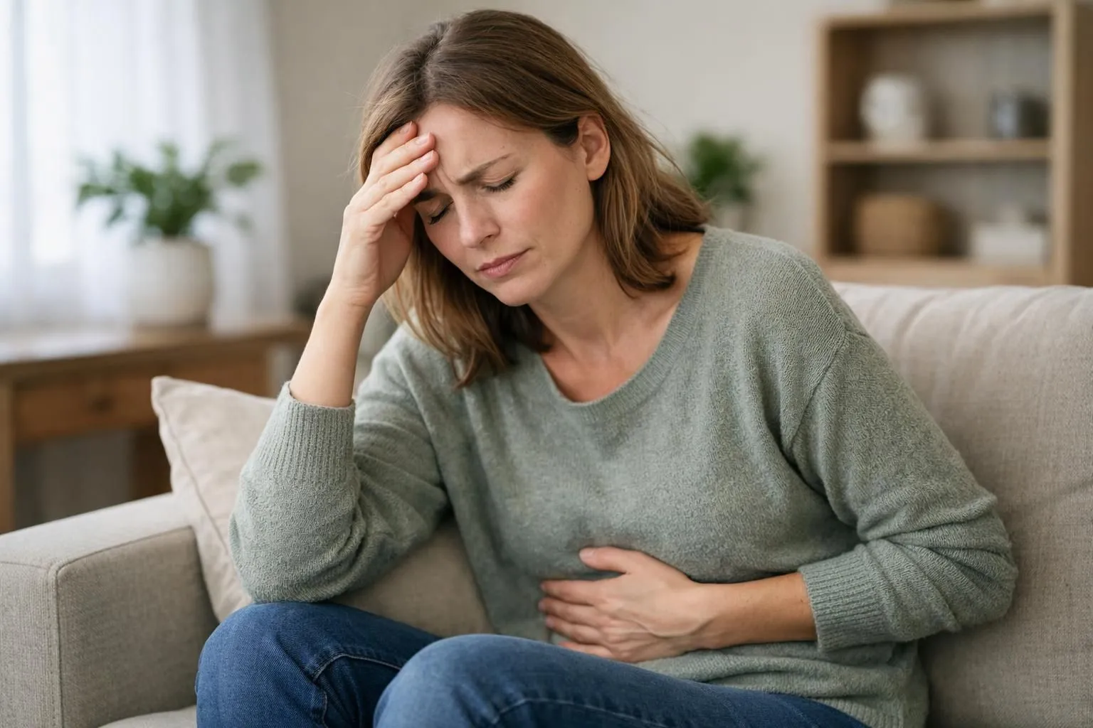 Person experiencing physical discomfort with hand on stomach and head, showing the mind-body connection in psychosomatic symptoms, natural indoor setting with soft diffused lighting creating empathetic atmosphere, realistic photographic style