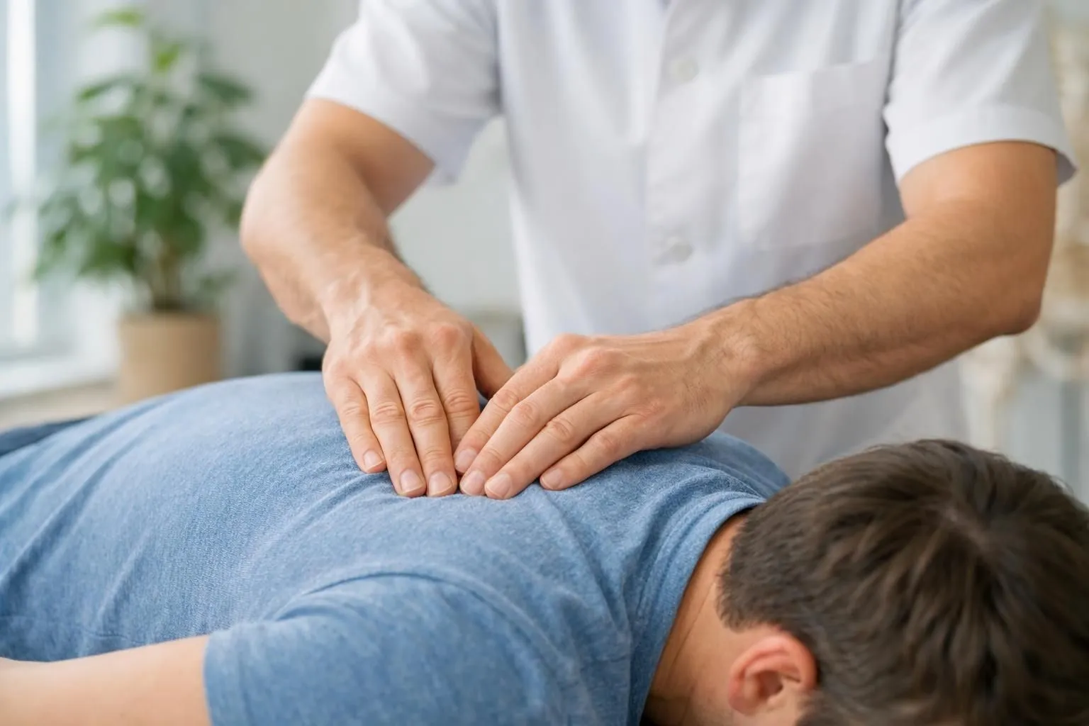 Osteopath performing gentle manual therapy on patient's spine, hands positioned on lumbar region, patient relaxed on treatment table, natural daylight streaming through window, professional healthcare setting focused on somatic-emotional release, scene conveying therapeutic touch and body-mind connection