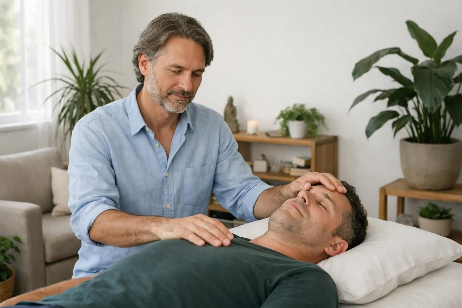 Praticien en thérapie somato-émotionnelle guidant doucement un patient allongé sur une table de soin dans un cabinet lumineux avec plantes vertes, ambiance apaisante et professionnelle, gestes de soutien corporel doux sans manipulation, personne détendue en processus de libération corporelle