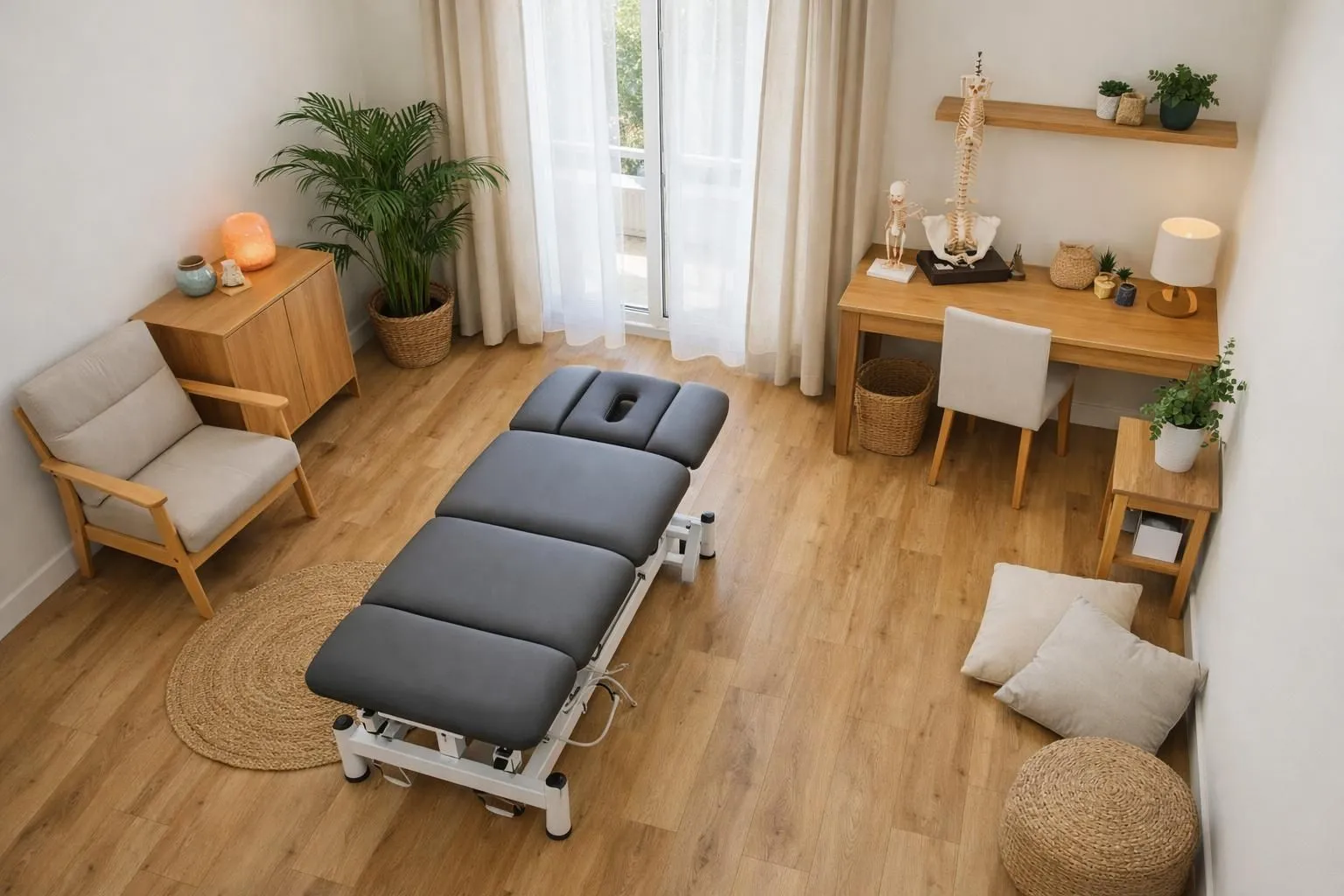 Interior of a modern osteopathy practice in Loire-Atlantique, featuring a treatment table in a calm space with natural light streaming through windows, warm neutral tones, plants, professional yet welcoming atmosphere, no people visible