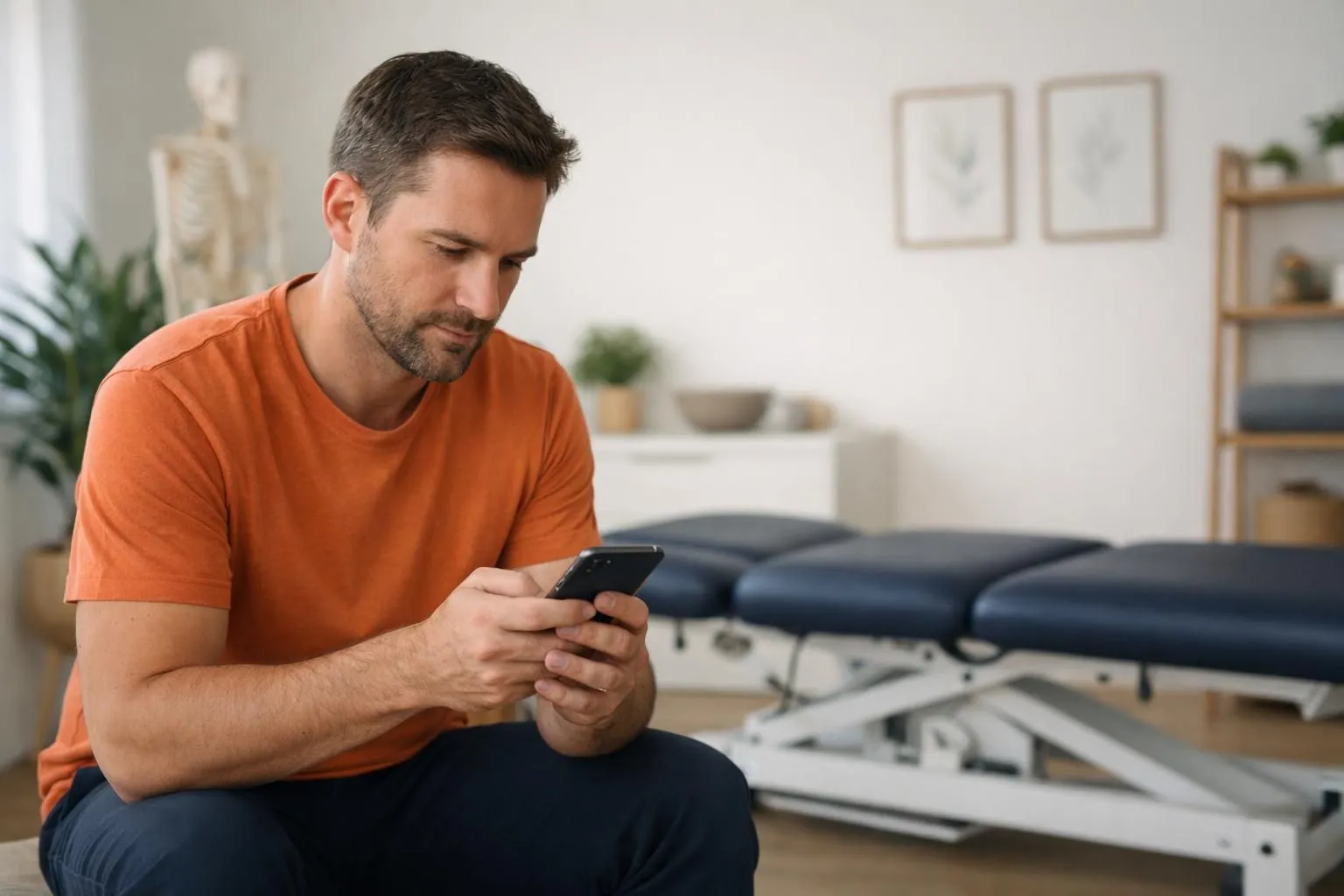 Patient reading authentic reviews on smartphone while sitting in bright osteopathy waiting room with treatment table visible in background, natural daylight, realistic photo style showing person's focused expression as they evaluate osteopathe vertou avis before their appointment