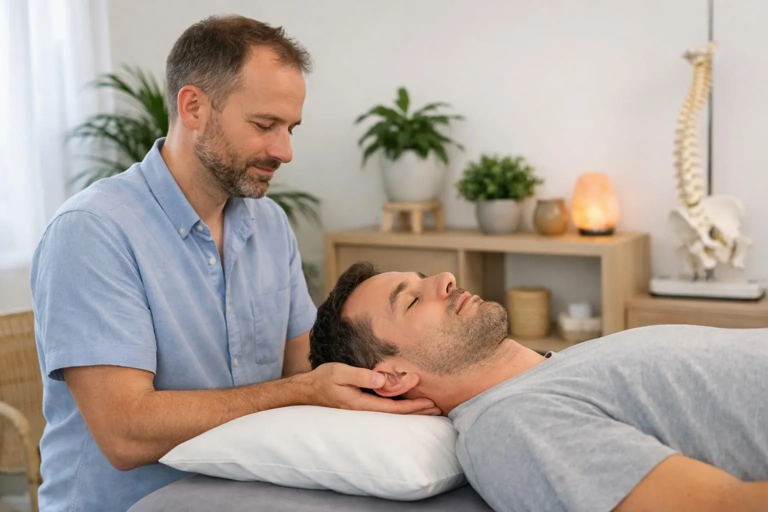 Modern osteopathy treatment room in Vertou with natural lighting, showing osteopath Julien Delhumeau performing gentle craniosacral therapy on relaxed patient lying on treatment table, peaceful atmosphere with plants and soft colors, professional healthcare setting