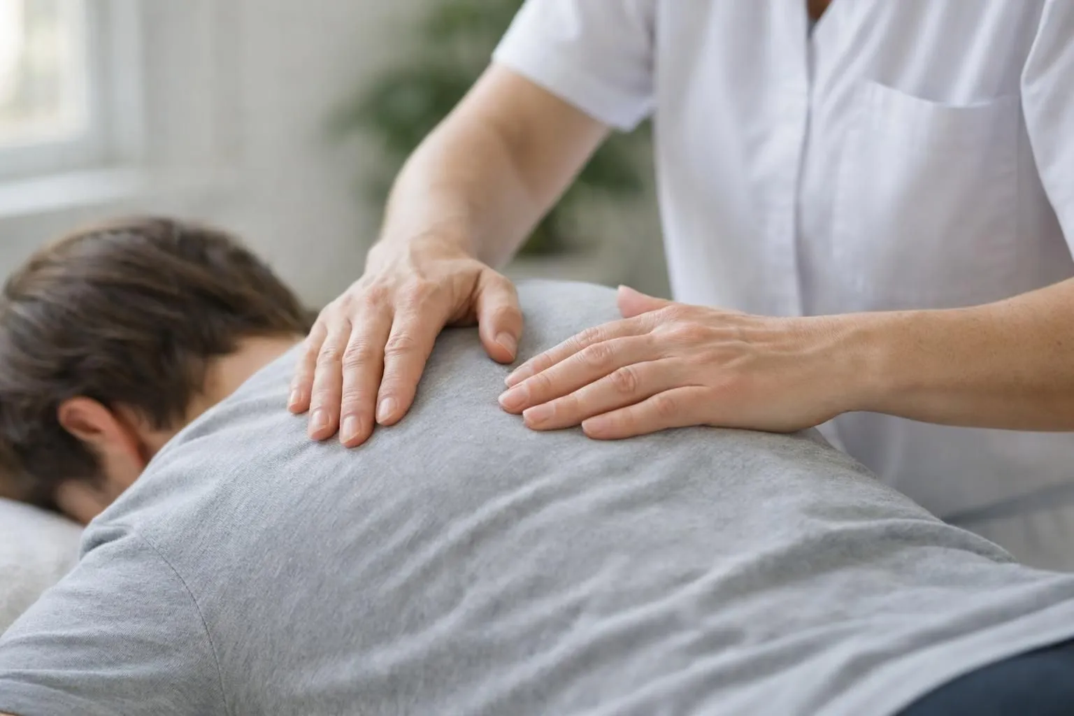 Peaceful osteopathic session in natural-lit room showing practitioner's hands performing gentle manual therapy on patient's upper back and shoulders, conveying trust and calm therapeutic connection without any text or labels