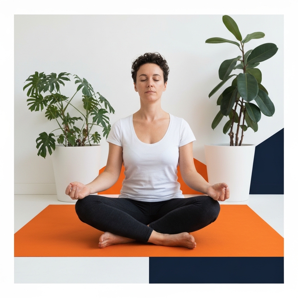 Personne assise en position de méditation dans une pièce lumineuse avec des plantes vertes, expression sereine sur le visage, lumière naturelle douce