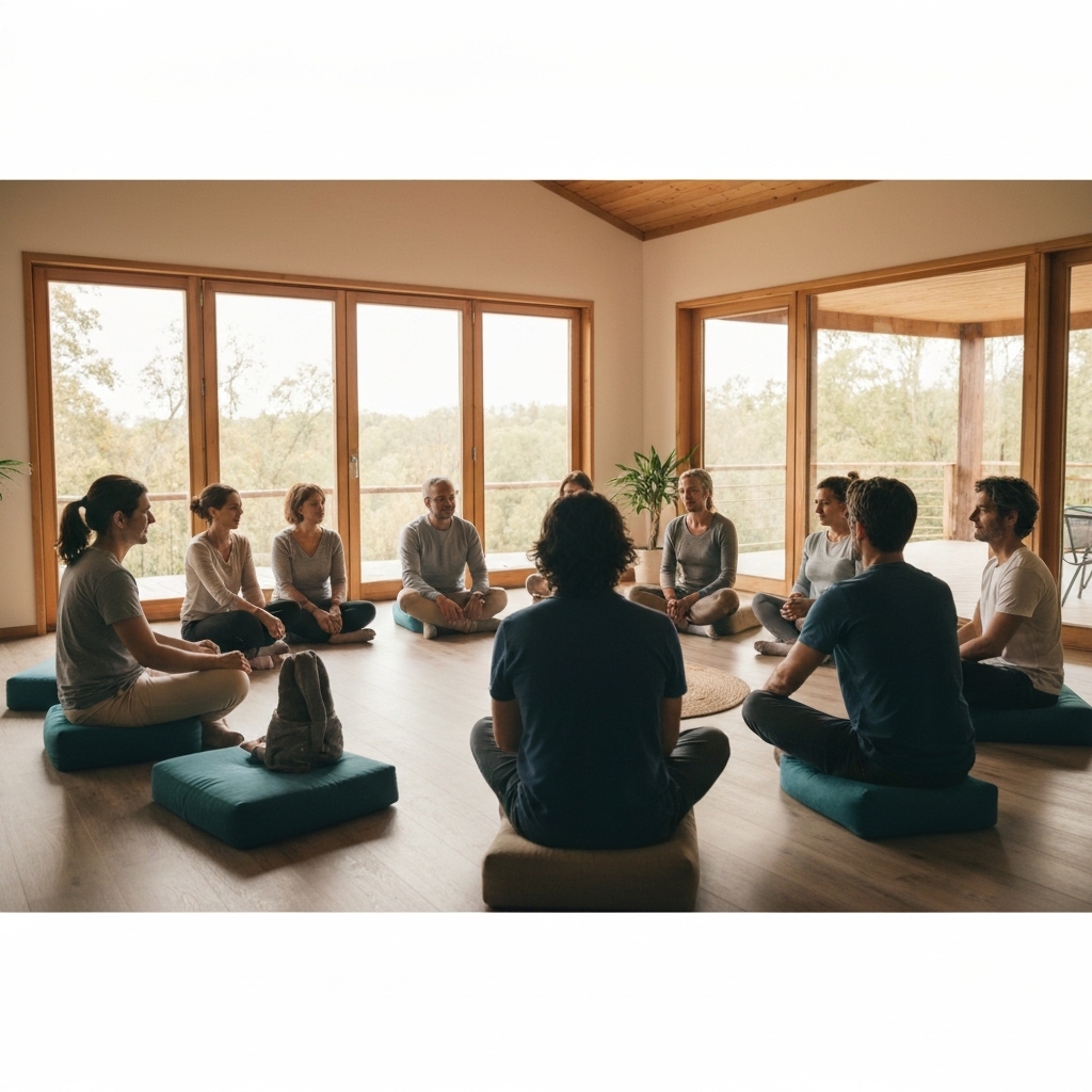 Group of people sitting in a circle on cushions in a bright, airy room with large windows overlooking nature, warm natural lighting, peaceful retreat atmosphere