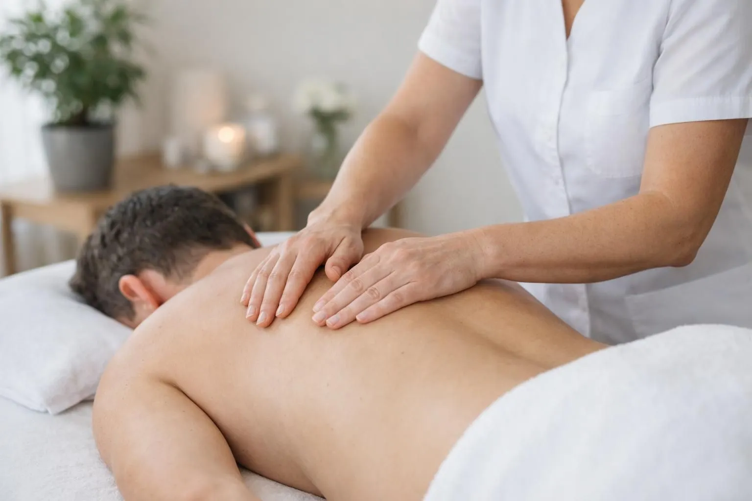 Gros plan sur les mains d'un ostéopathe palpant délicatement le dos d'un patient allongé sur une table de consultation, lumière naturelle tamisée, atmosphère apaisante et professionnelle, focus sur le toucher thérapeutique et la connexion corps-esprit