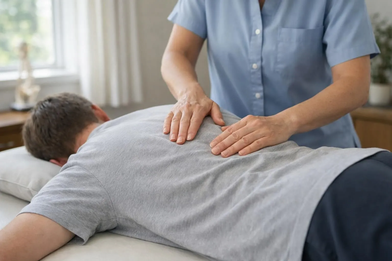 Mains d'ostéopathe effectuant une manipulation douce sur le dos d'un patient allongé en position ventrale, lumière naturelle filtrant par une fenêtre, ambiance calme et professionnelle dans un cabinet de consultation, focus sur le contact thérapeutique et l'atmosphère apaisante