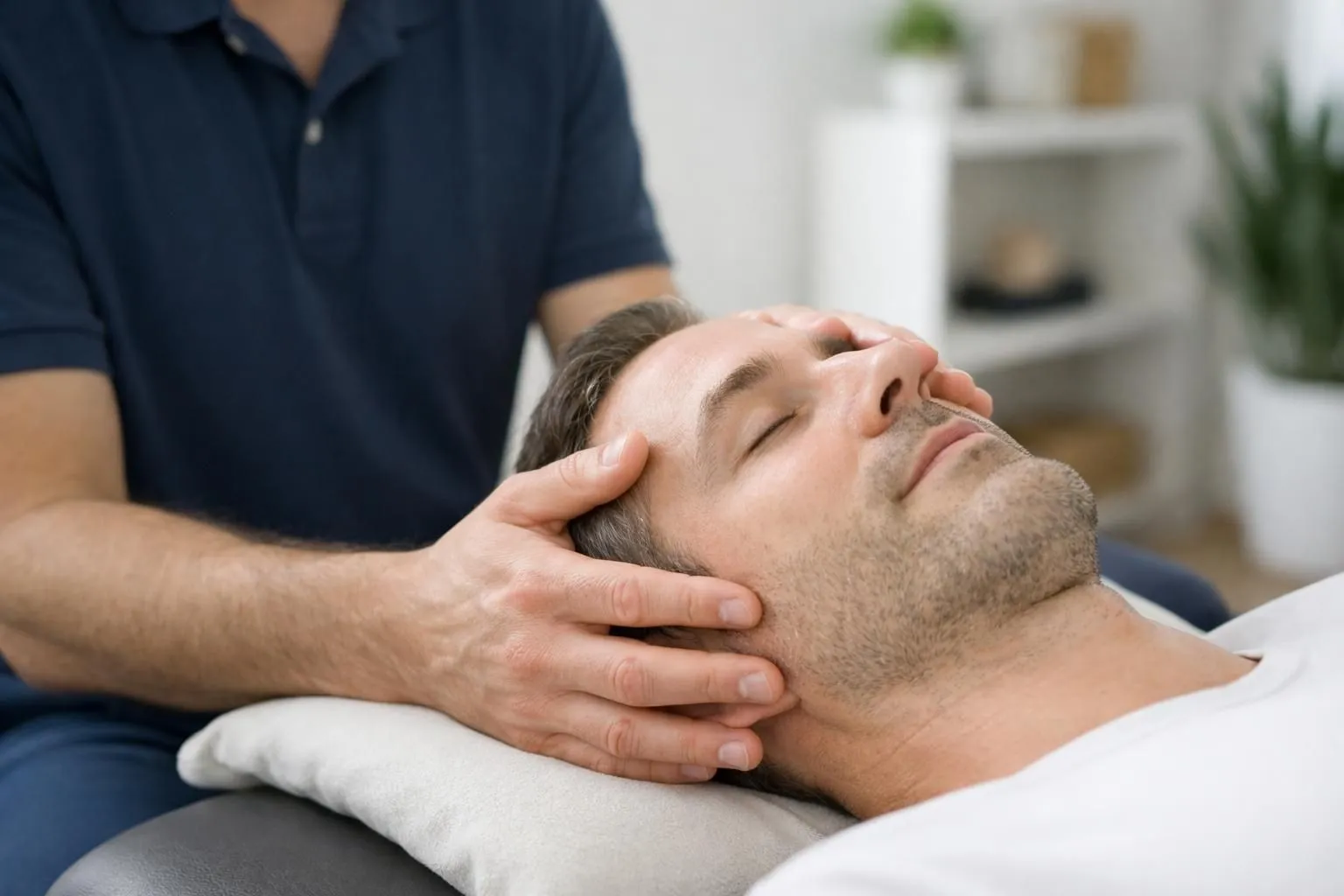 Professional osteopath performing gentle cranial osteopathy technique on adult patient lying on treatment table in serene modern clinic room with natural lighting, showing practitioner's hands delicately positioned on patient's head, emphasizing therapeutic calm and precision of craniosacral work