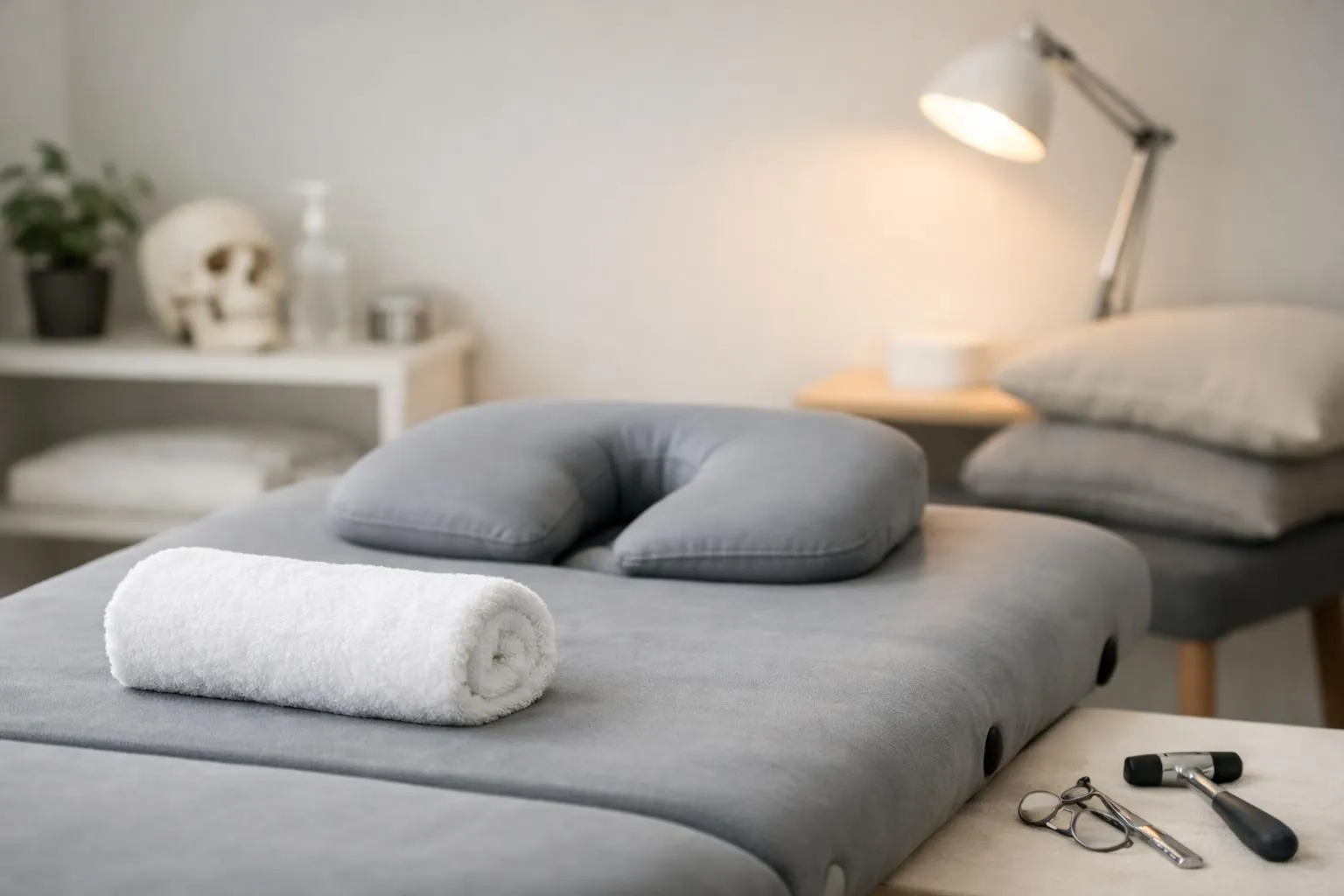 Peaceful osteopathy treatment room in Vertou with comfortable massage table, soft lighting, and minimal medical equipment creating a reassuring therapeutic environment for cranial osteopathy session