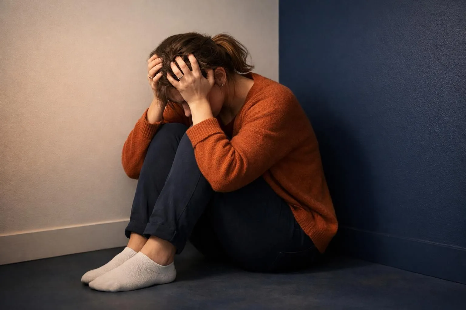 Silhouette d'une personne assise en position recroquevillée, tête baissée entre les genoux, éclairage tamisé symbolisant l'isolement et le poids du traumatisme, ambiance douce et empathique sans texte