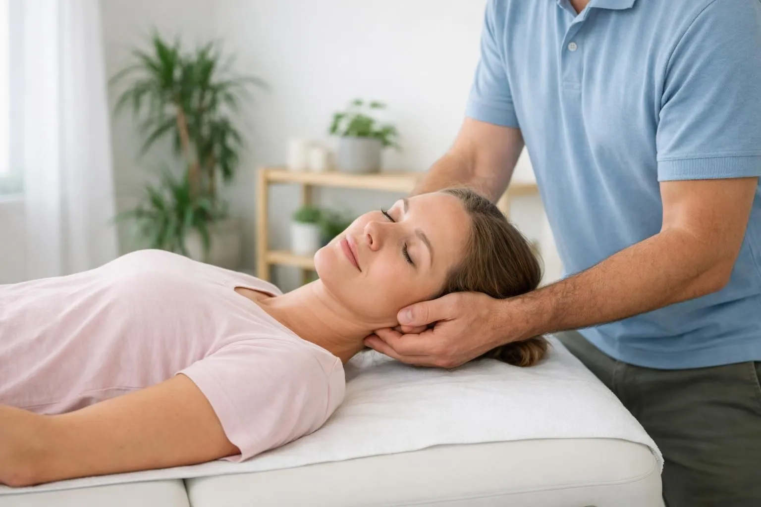 Praticien en ostéopathie effectuant une manipulation douce sur un patient allongé sur une table de soin dans un cabinet lumineux avec des plantes vertes, transmettant calme et professionnalisme thérapeutique